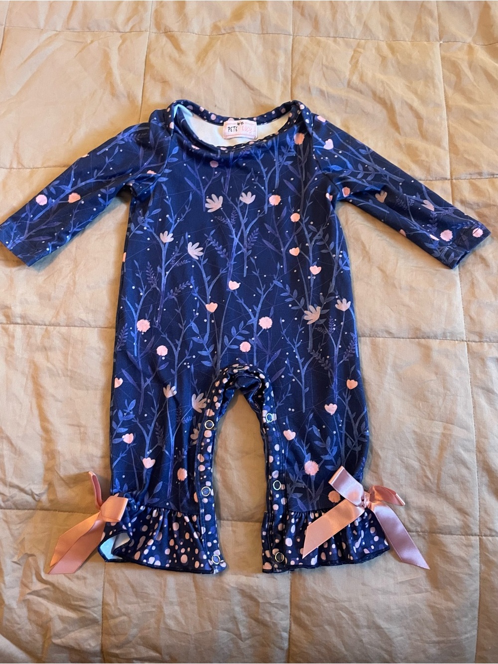 PTN Navy Floral Ruffle Romper with Pink Accents for Kids